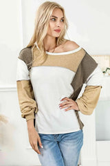 Color Block Exposed Seam Boat Neck Top Blouses - Tophatter Daily Deals
