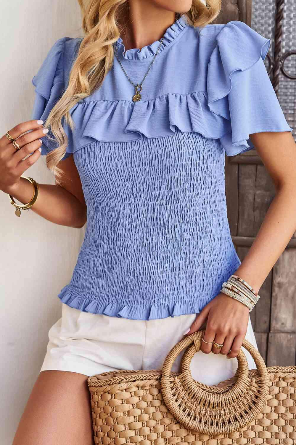 Smocked Tie Back Flutter Sleeve Blouse Blouses - Tophatter Daily Deals