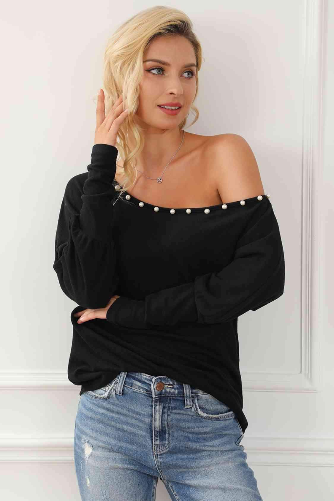 Pearl Trim Lantern Sleeve Top Blouses - Tophatter Daily Deals