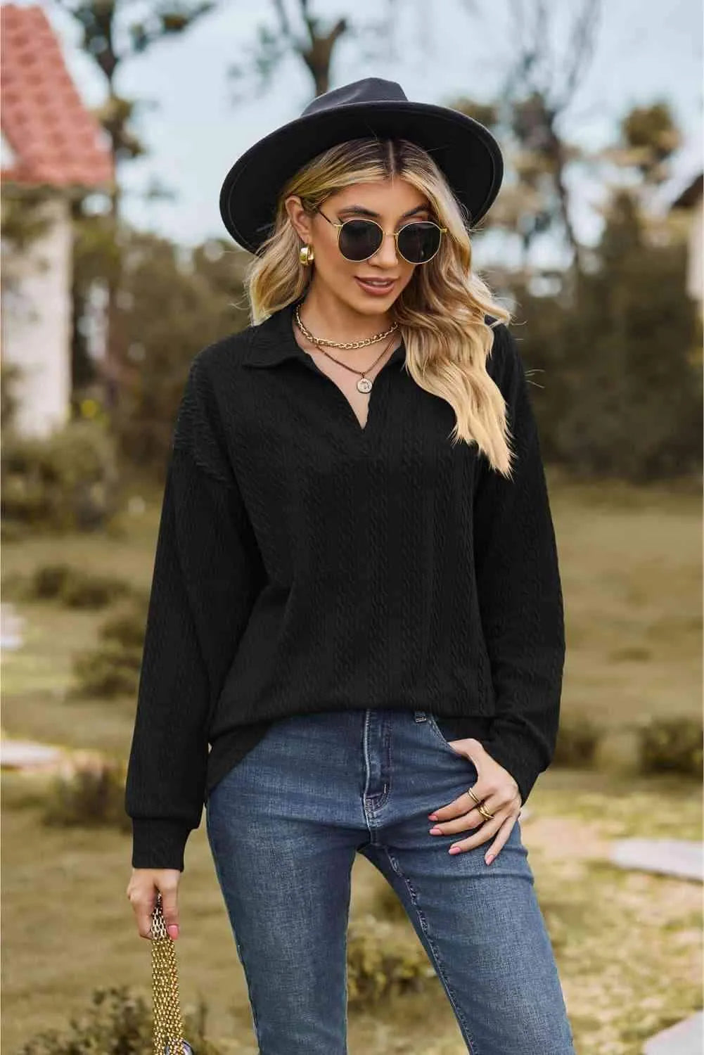 Collared Neck Cable-Knit Long Sleeve Blouse Black Blouses - Tophatter Daily Deals