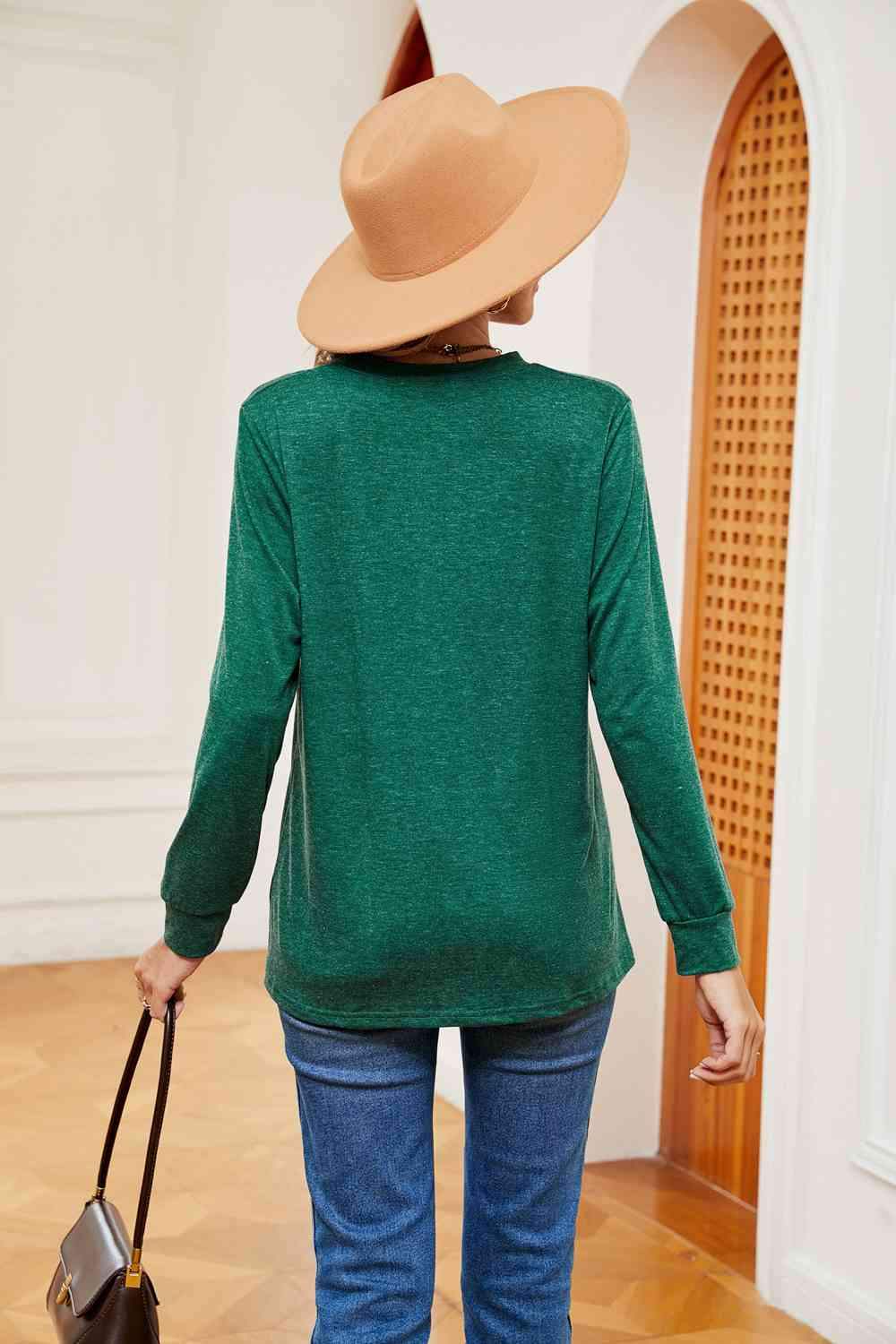 Buttoned Notched Neck Long Sleeve Top Blouses - Tophatter Daily Deals