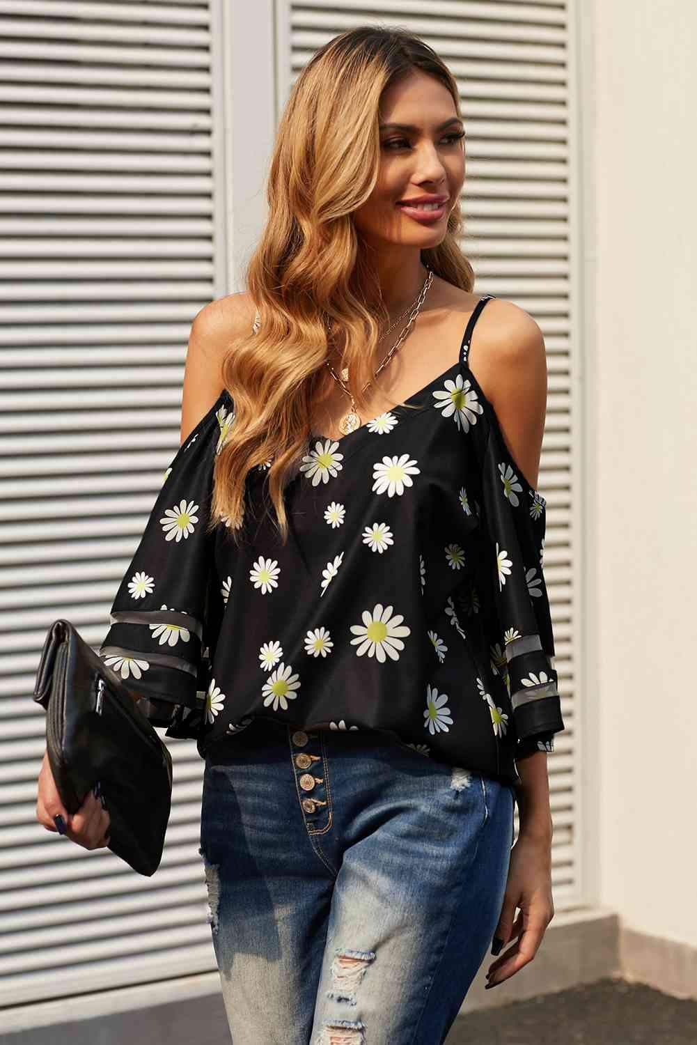 Printed Cold-Shoulder Three-Quarter Flare Sleeve Blouse Blouses - Tophatter Daily Deals