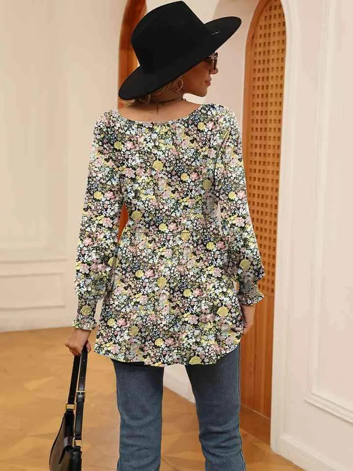 Printed V-Neck Lantern Sleeve Blouse Blouses - Tophatter Daily Deals