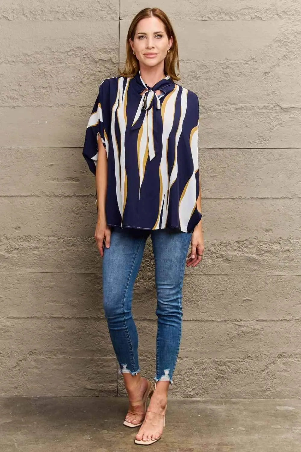 Tie Neck Printed Slit Sleeve Blouse Blouses - Tophatter Daily Deals