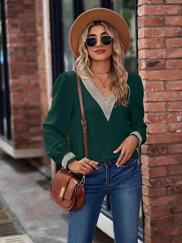 V-Neck Long Sleeve Blouse Green Blouses - Tophatter Daily Deals