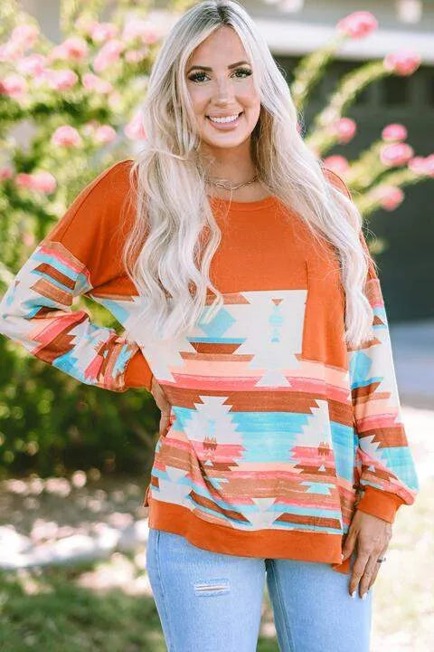 Geometric Round Neck Long Sleeve T-Shirt Multicolor Women's T-Shirts - Tophatter Daily Deals