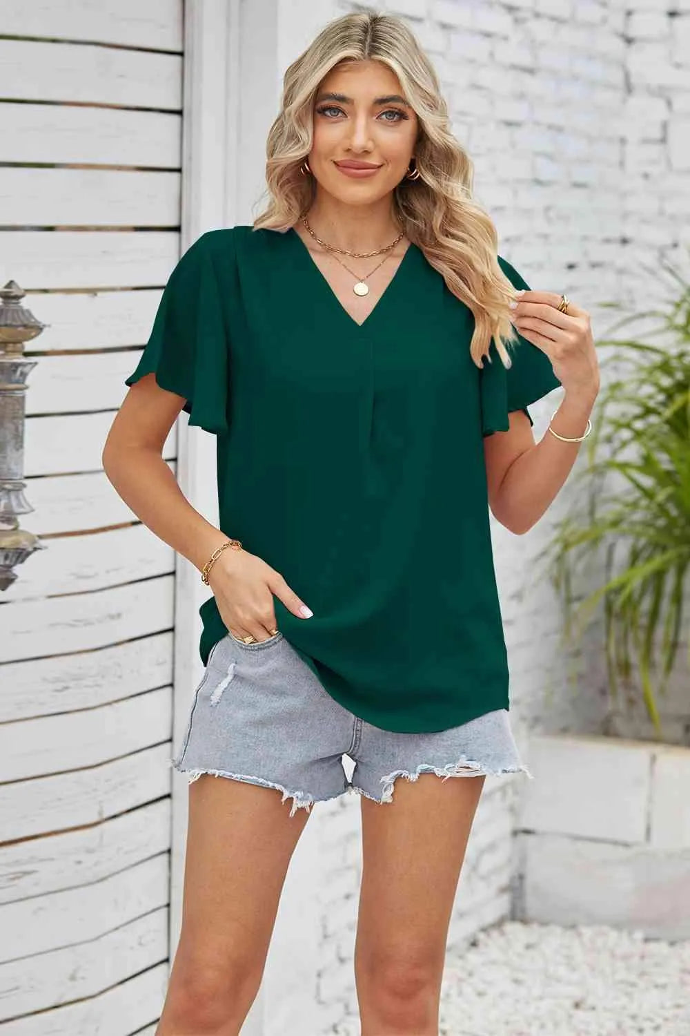 V-Neck Flutter Sleeve Blouse Blouses - Tophatter Daily Deals