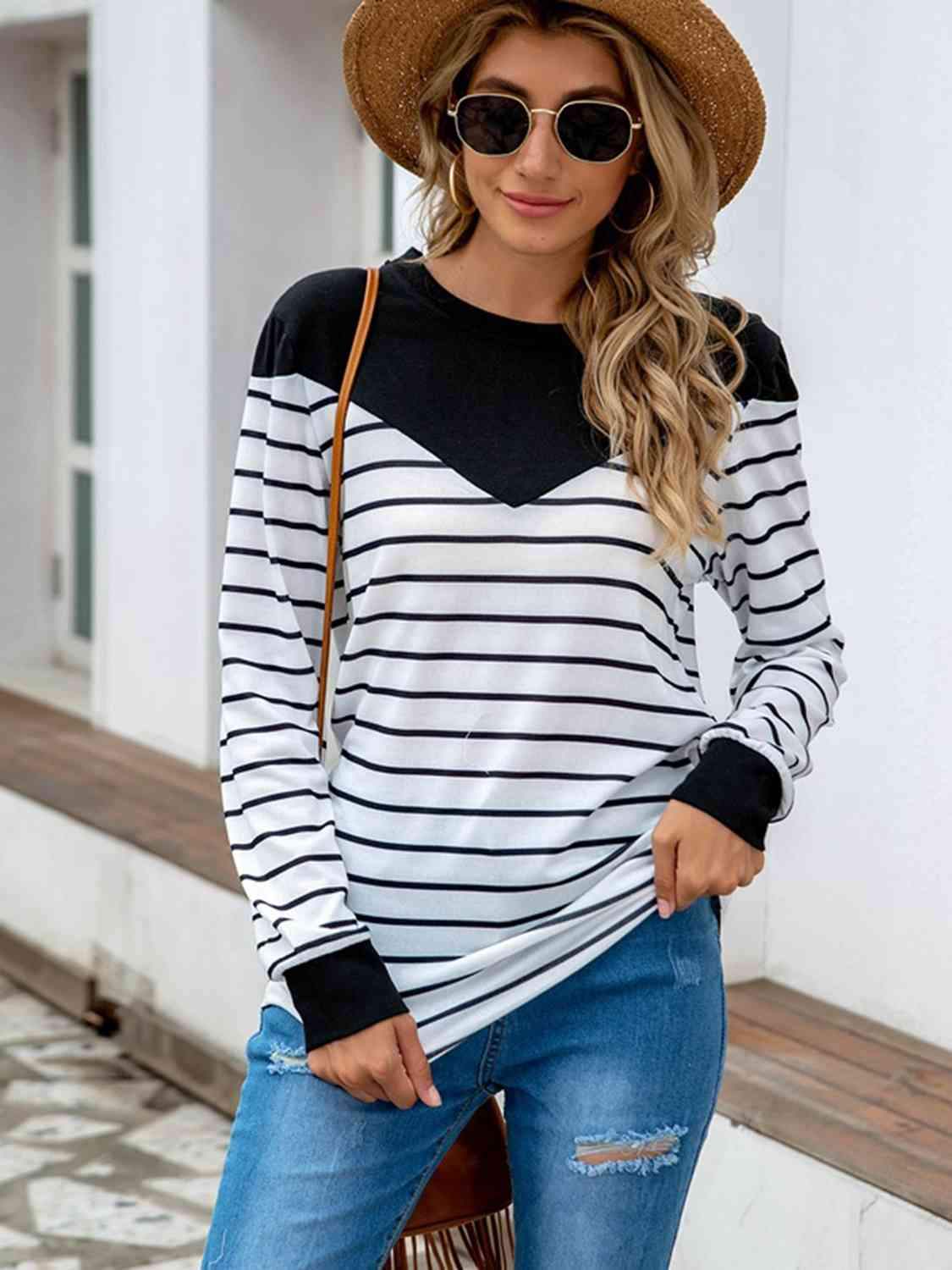 Striped Round Neck Long Sleeve T-Shirt Black Women's T-Shirts - Tophatter Daily Deals