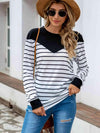 Striped Round Neck Long Sleeve T-Shirt Black Women's T-Shirts - Tophatter Daily Deals