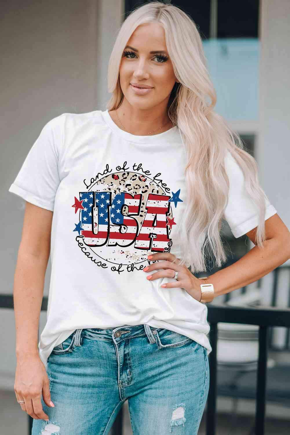 USA Graphic Round Neck Tee White Women's T-Shirts - Tophatter Daily Deals