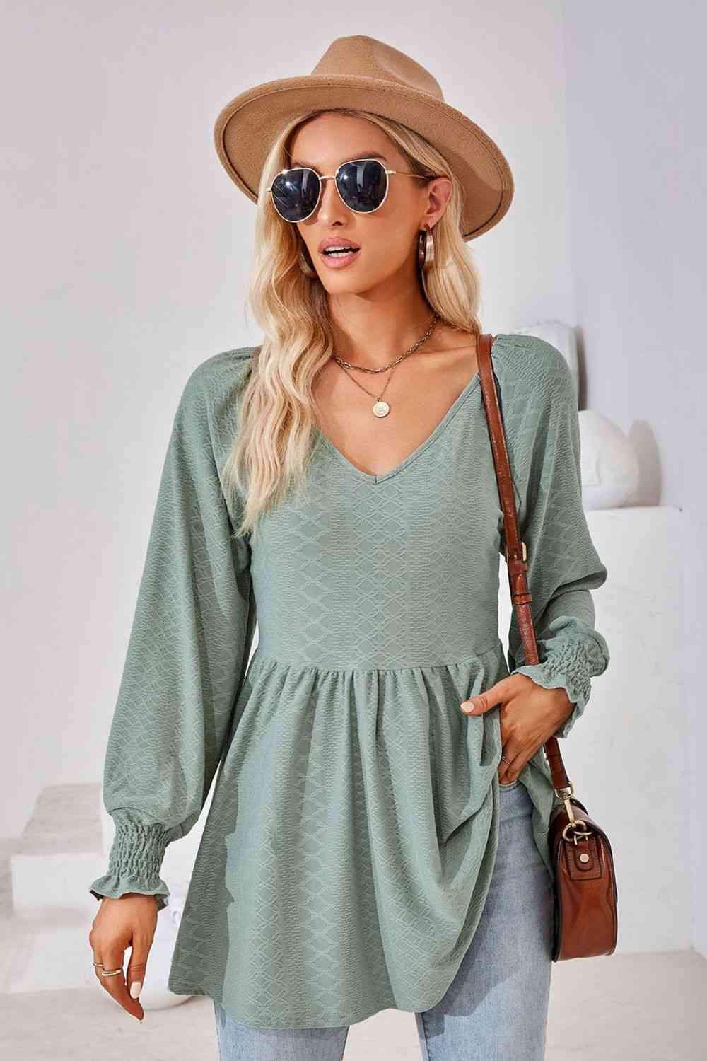 V-Neck Lantern Sleeve Blouse Sage Blouses - Tophatter Daily Deals