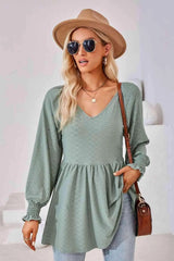 V-Neck Lantern Sleeve Blouse Sage Blouses - Tophatter Daily Deals