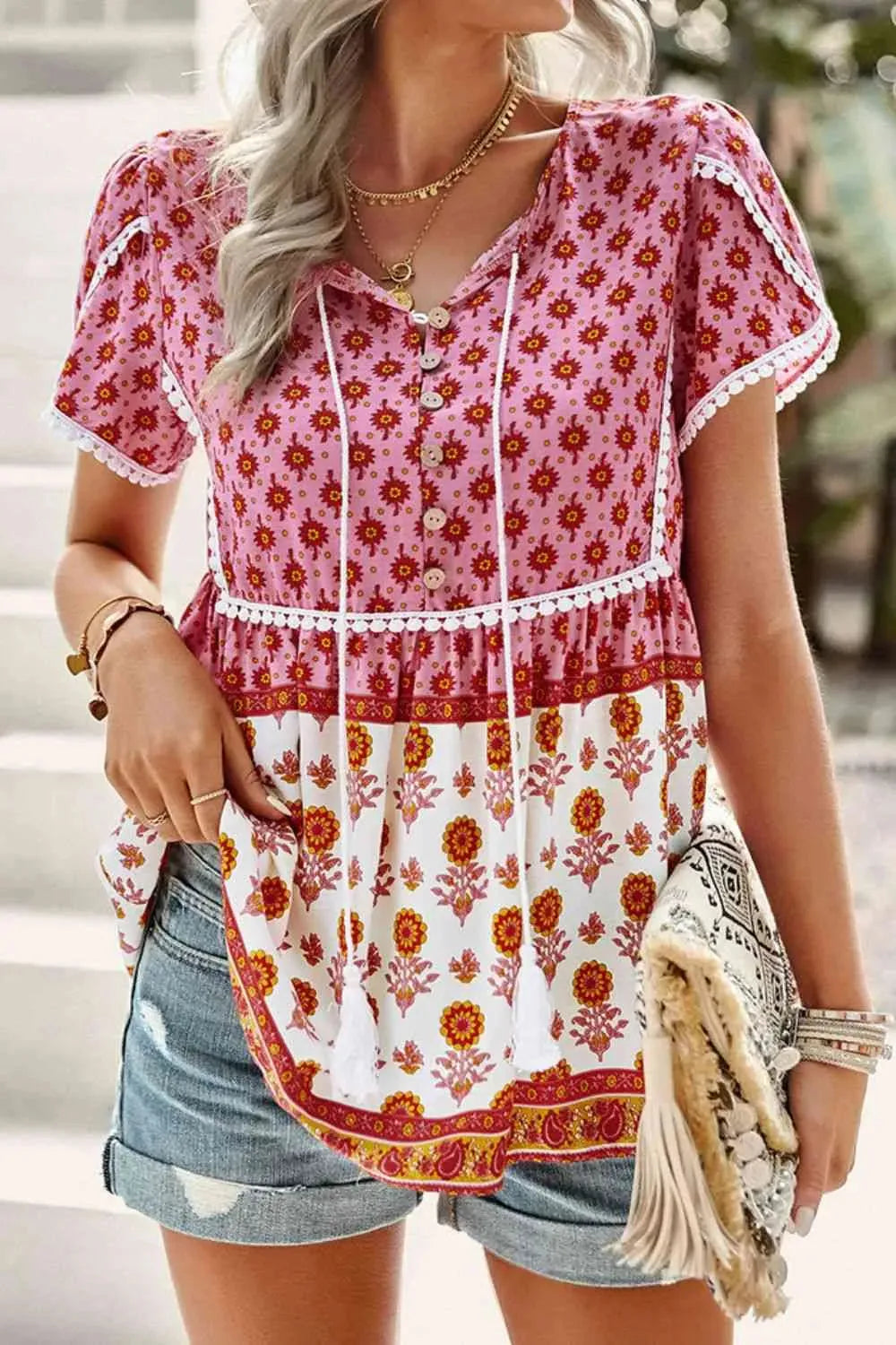 Bohemian Tie Neck Buttoned Blouse Blouses - Tophatter Daily Deals