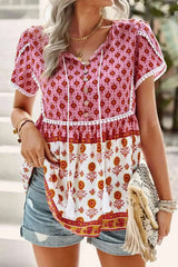 Bohemian Tie Neck Buttoned Blouse Blouses - Tophatter Daily Deals