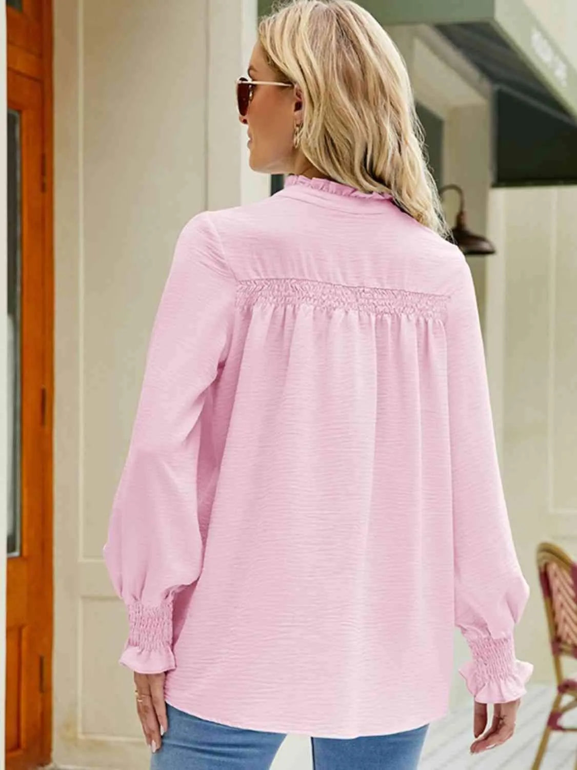 Notched Neck Button-UP Smocked Flounce Sleeve Blouse Blouses - Tophatter Daily Deals