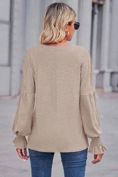 Round Neck Flounce Sleeve Blouse Blouses - Tophatter Daily Deals