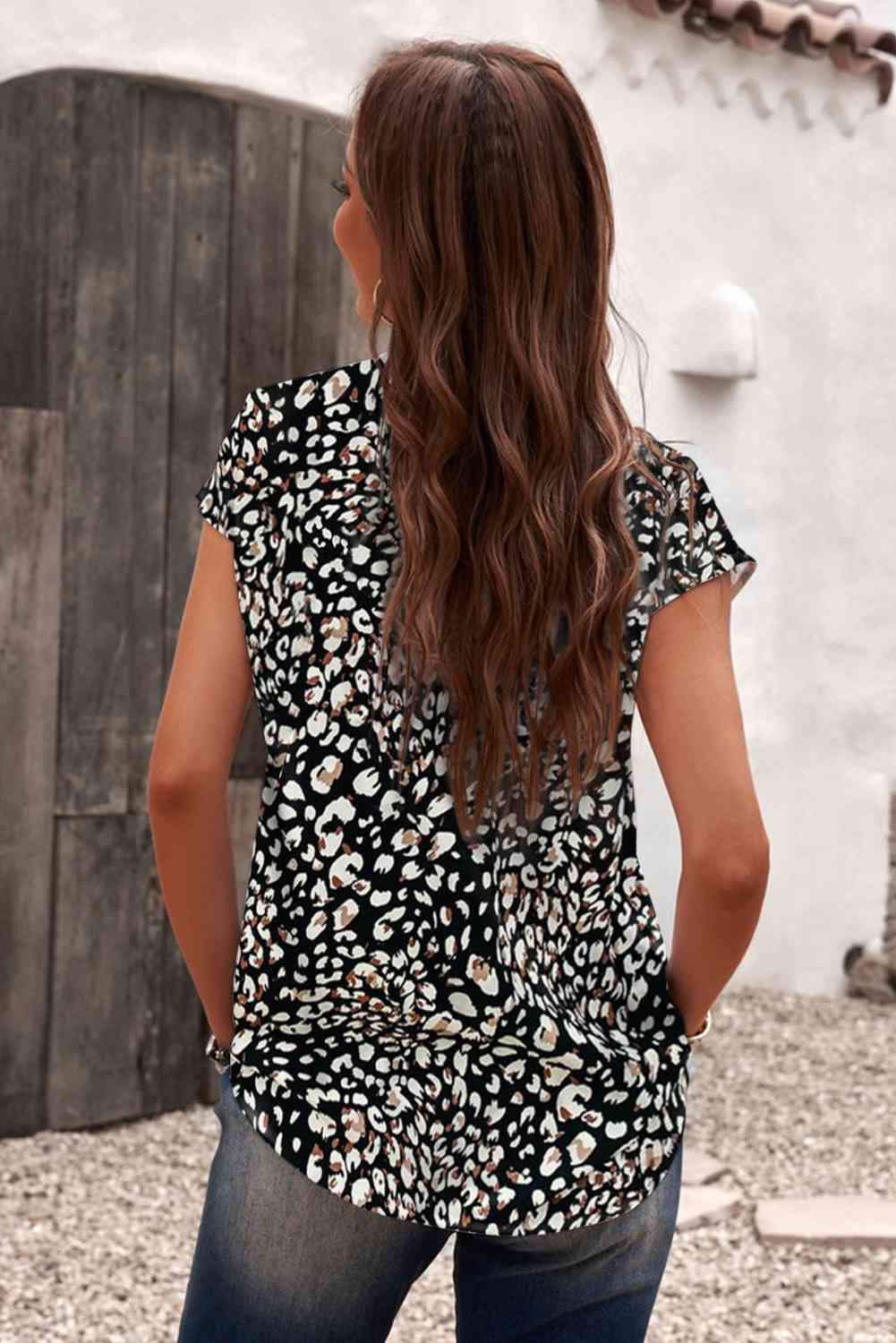 Printed Lace Trim V-Neck Short Sleeve Top Blouses - Tophatter Daily Deals