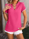 Contrast Trim Pom-Pom Detail Notched Neck Blouse Hot Pink Blouses - Tophatter Daily Deals