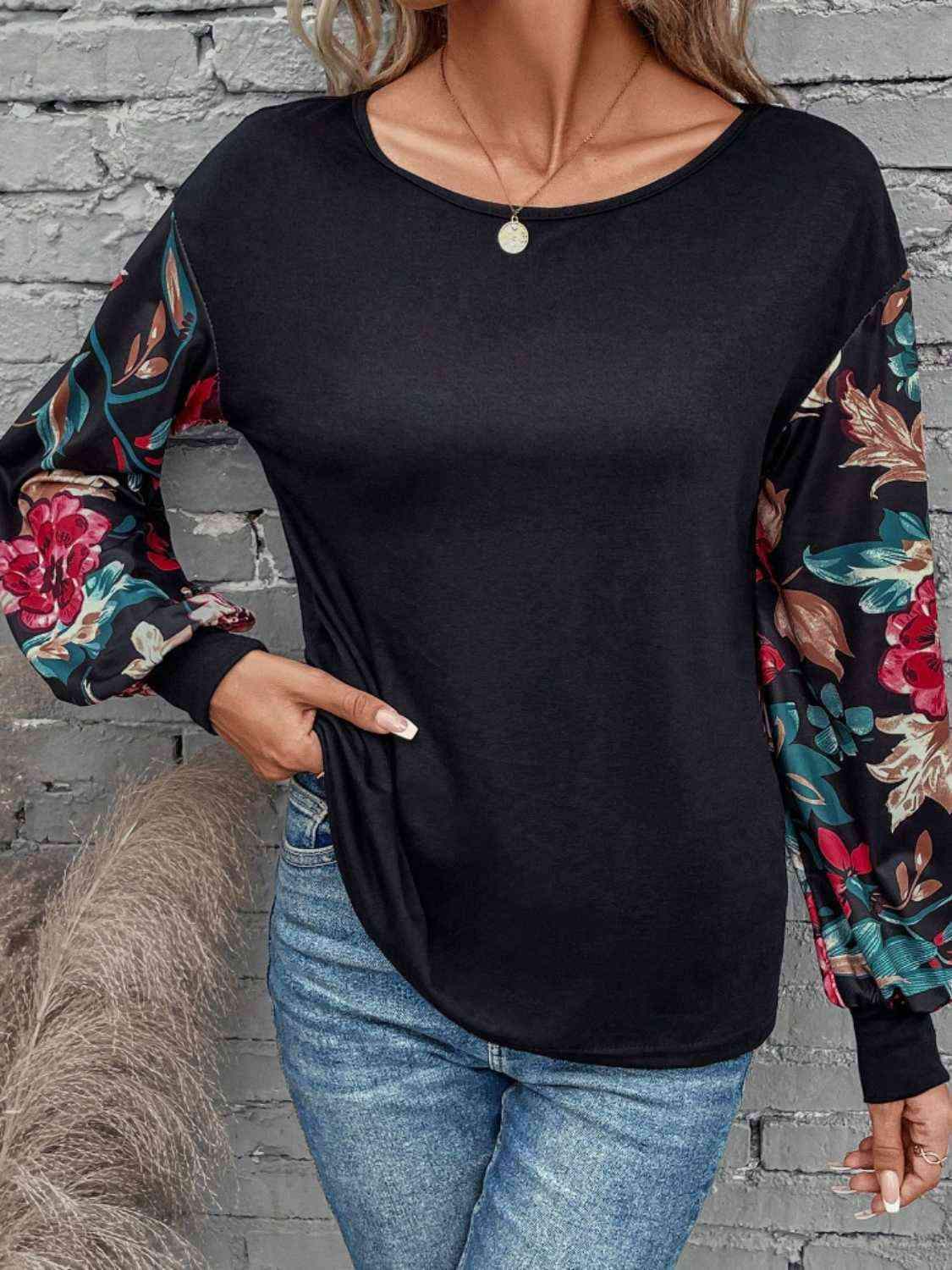 Floral Round Neck Long Sleeve Top Blouses - Tophatter Daily Deals