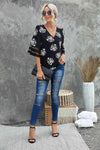 Botanical Print V-Neck Puff Sleeve Blouse Blouses - Tophatter Daily Deals