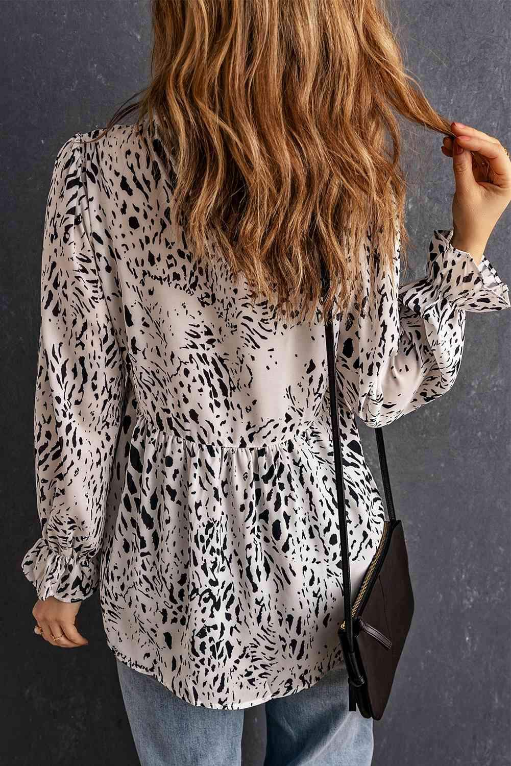 Printed Frill Neck Flounce Sleeve Babydoll Blouse Blouses - Tophatter Daily Deals