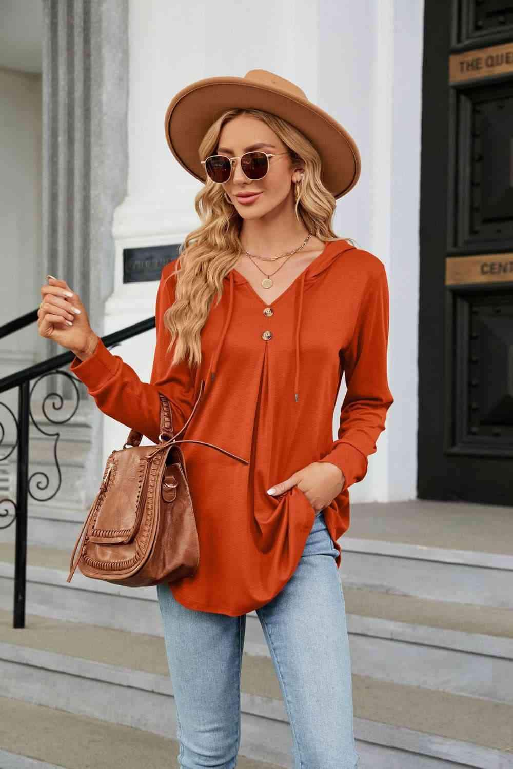 Long Sleeve Hooded Blouse Orange Blouses - Tophatter Daily Deals