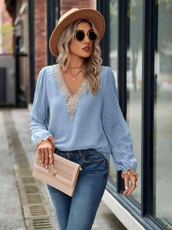 Swiss Dot V-Neck Long Sleeve Blouse Blouses - Tophatter Daily Deals