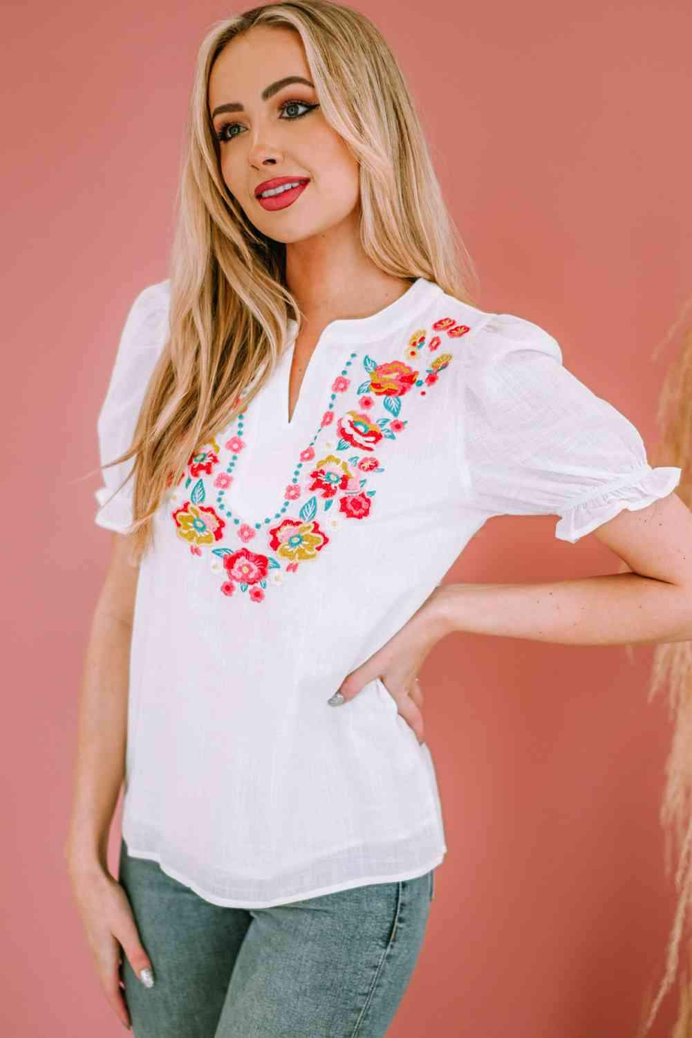 Embroidered Notched Neck Flounce Sleeve Top Blouses - Tophatter Daily Deals