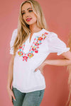 Embroidered Notched Neck Flounce Sleeve Top Blouses - Tophatter Daily Deals