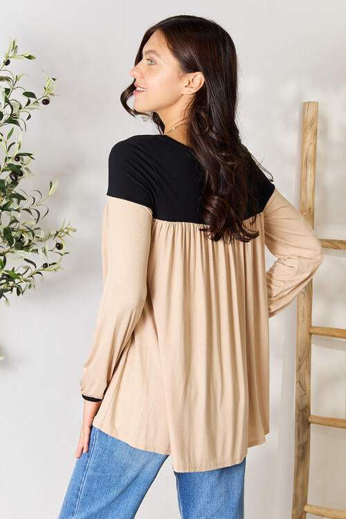 BOMBOM Contrast Long Sleeve Ruched Blouse Blouses - Tophatter Daily Deals