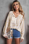 Printed Flounce Sleeve Ruffled Neck Blouse Cream Blouses - Tophatter Daily Deals