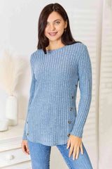 Double Take Round Neck Ribbed Long Sleeve T-Shirt Misty Blue Women's T-Shirts - Tophatter Daily Deals