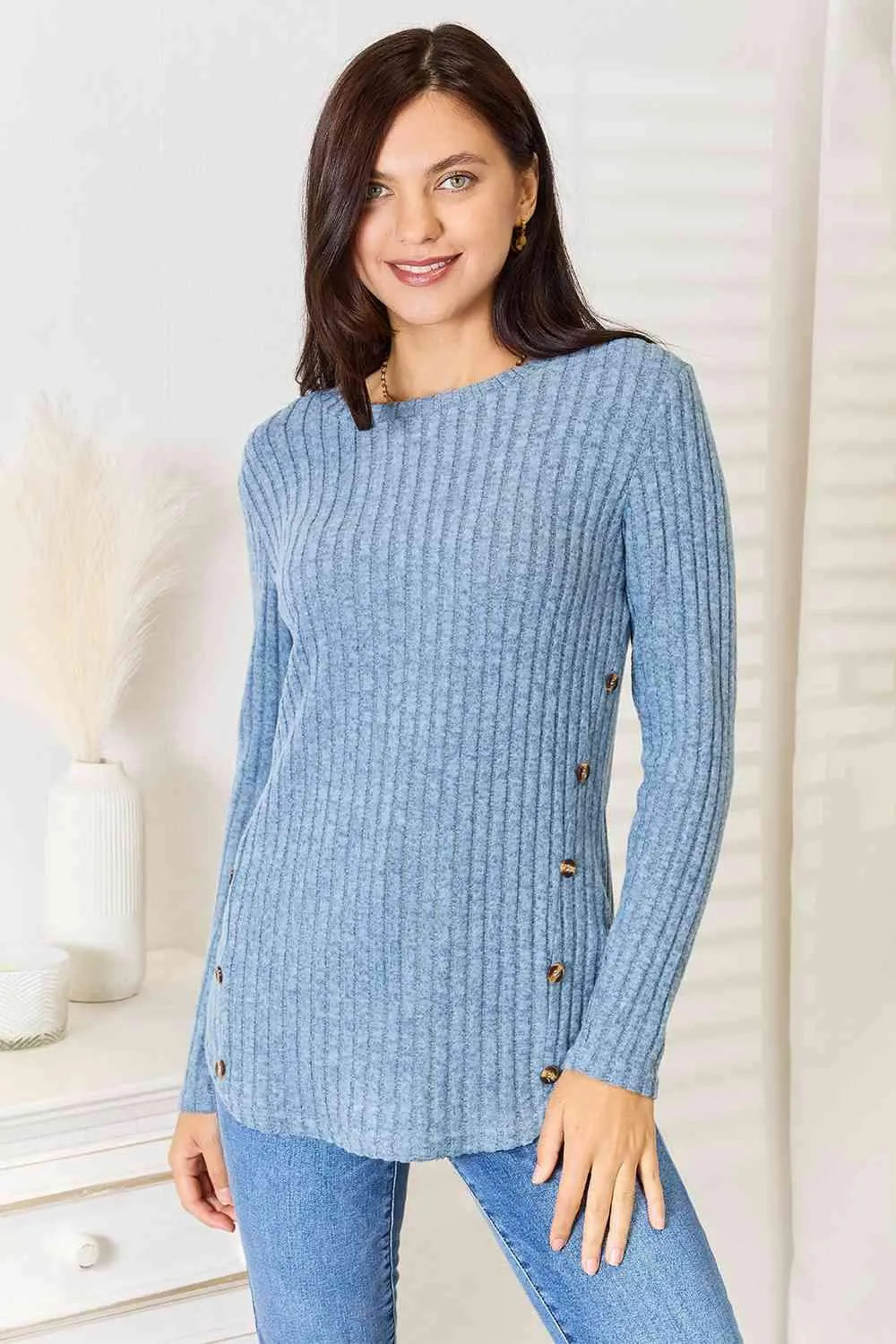 Double Take Round Neck Ribbed Long Sleeve T-Shirt Misty Blue Women's T-Shirts - Tophatter Daily Deals