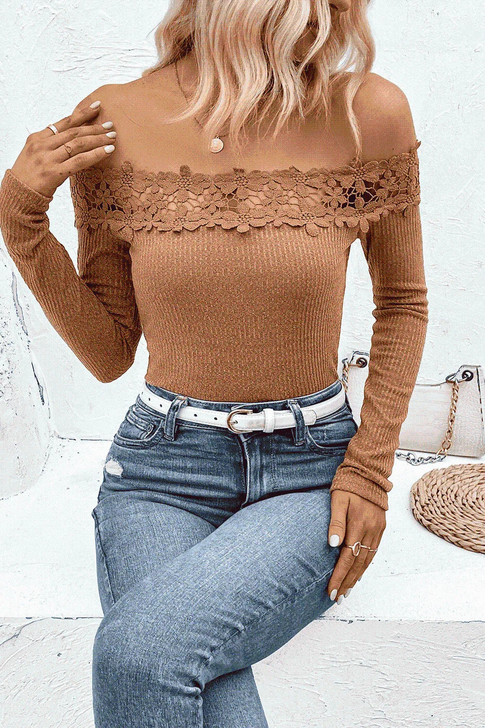 Off-Shoulder Lace Trim Ribbed Tee Blouses - Tophatter Daily Deals