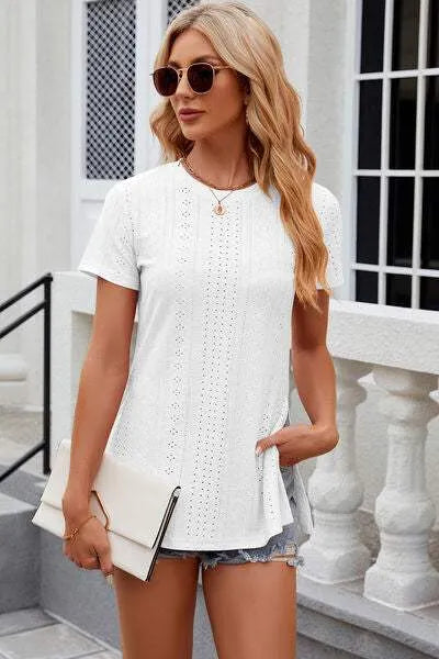 Eyelet Slit Round Neck Short Sleeve T-Shirt Women's T-Shirts - Tophatter Daily Deals