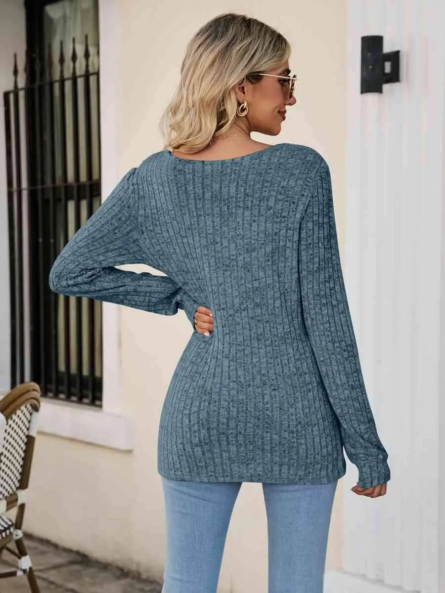 Square Neck Ribbed Long Sleeve T-Shirt Women's T-Shirts - Tophatter Daily Deals