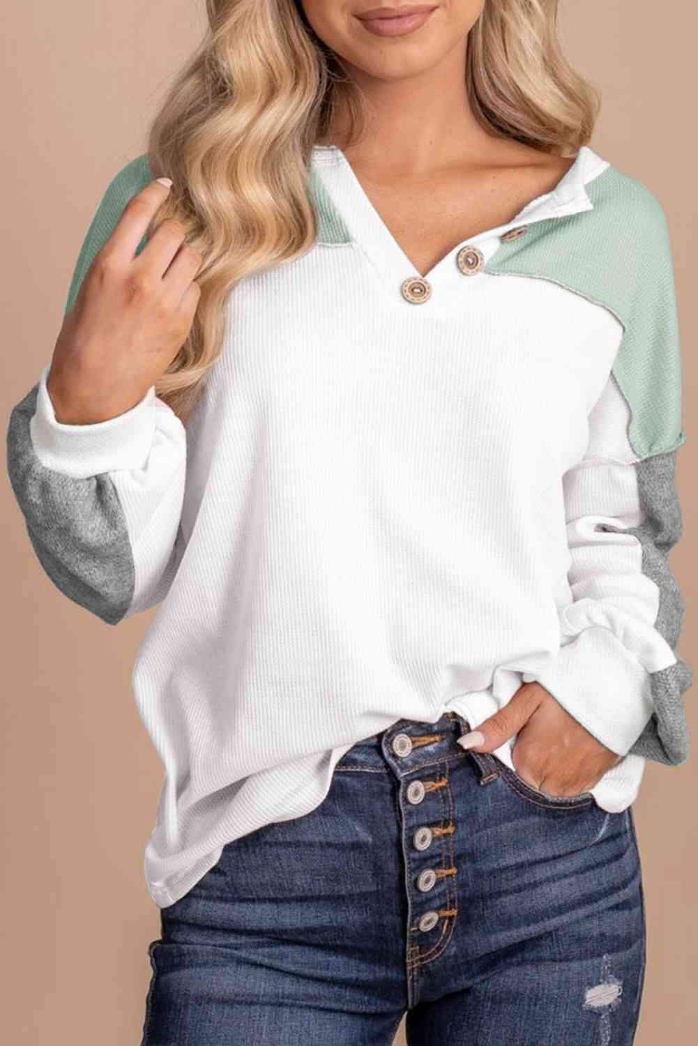 Color Block Button Drop Shoulder Top White Blouses - Tophatter Daily Deals