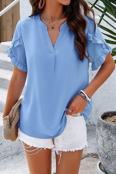 Notched Ruffled Petal Sleeve T-Shirt Sky Blue Women's T-Shirts - Tophatter Daily Deals