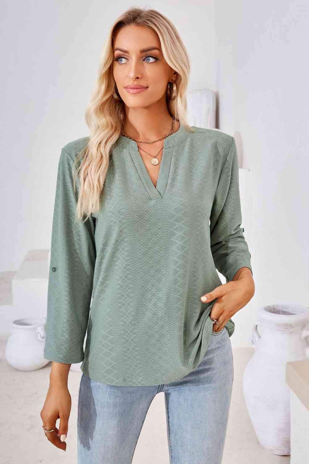 V-Neck Roll-Tap Sleeve Blouse Sage Blouses - Tophatter Daily Deals