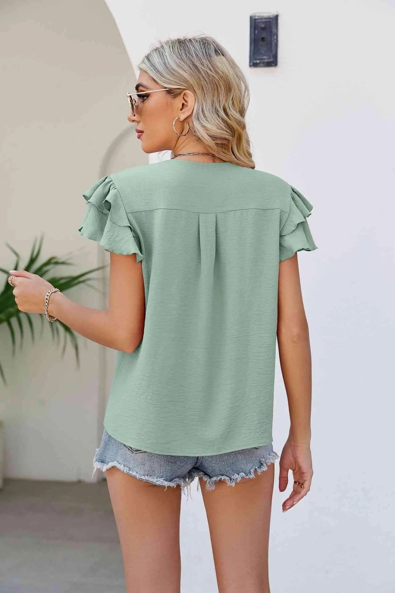 V-Neck Layered Flutter Sleeve Top Blouses - Tophatter Daily Deals