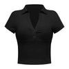 Buttoned Johnny Collar Short Sleeve Top Women's T-Shirts - Tophatter Daily Deals