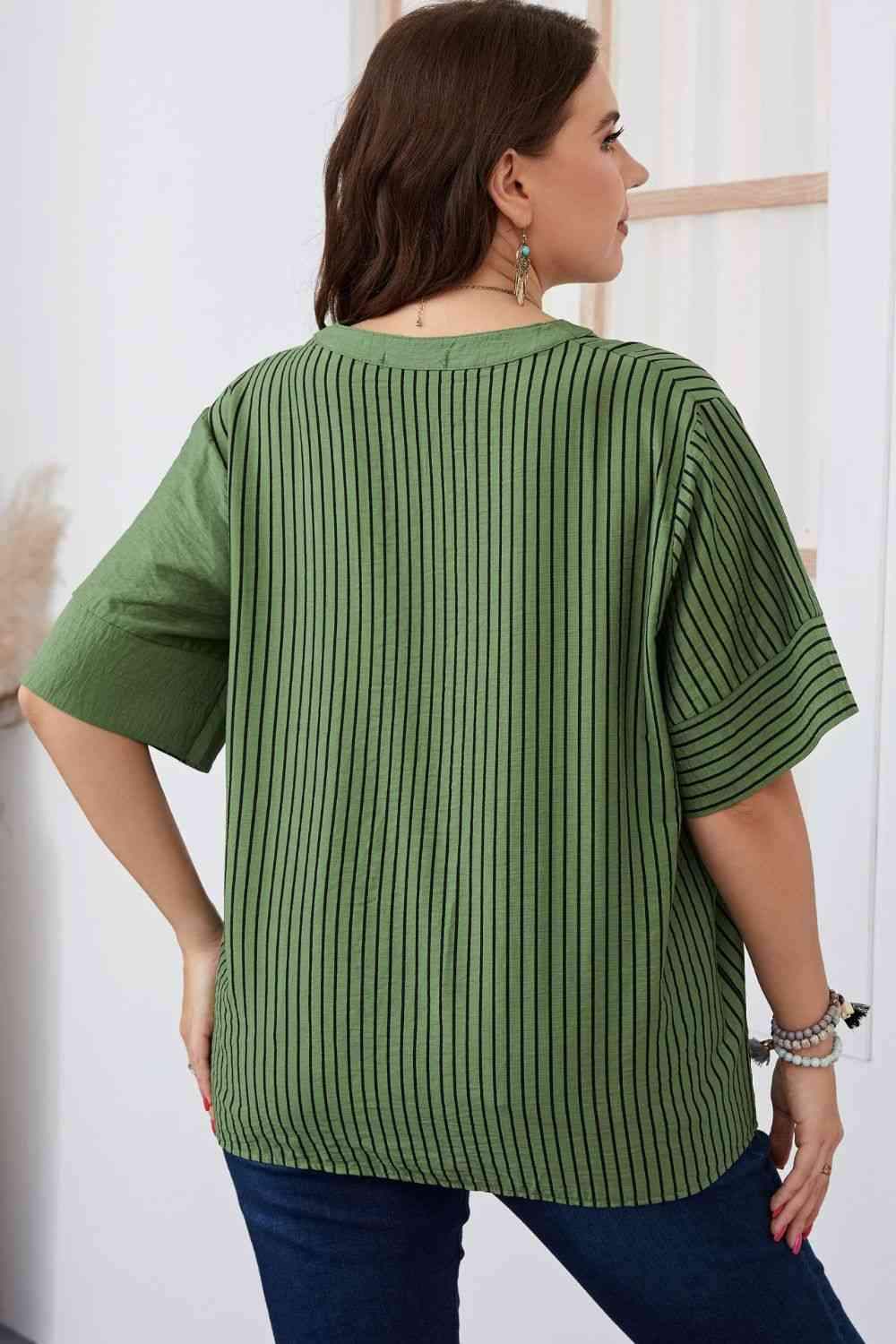 Plus Size Striped Notched Neck Half Sleeve Top Blouses - Tophatter Daily Deals