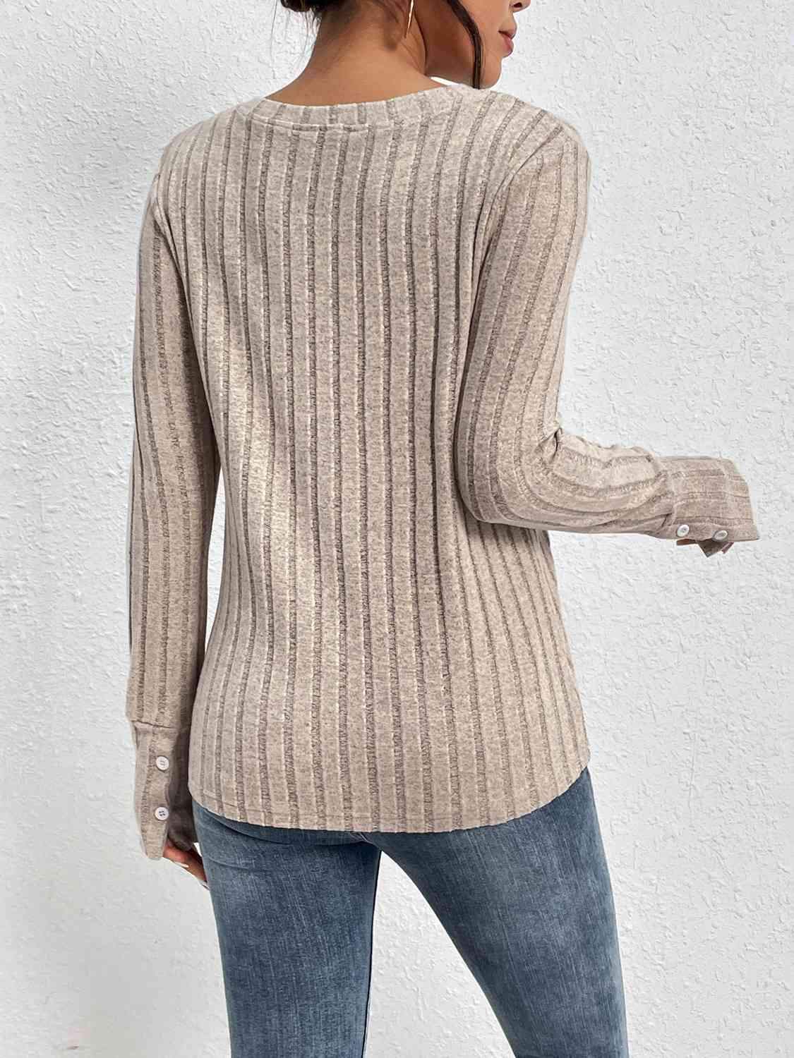 Lace Detail Ribbed V-Neck Long Sleeve Top Blouses - Tophatter Daily Deals