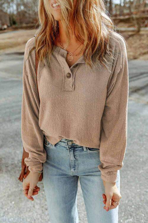 Buttoned Round Neck Long Sleeve Top Khaki Blouses - Tophatter Daily Deals