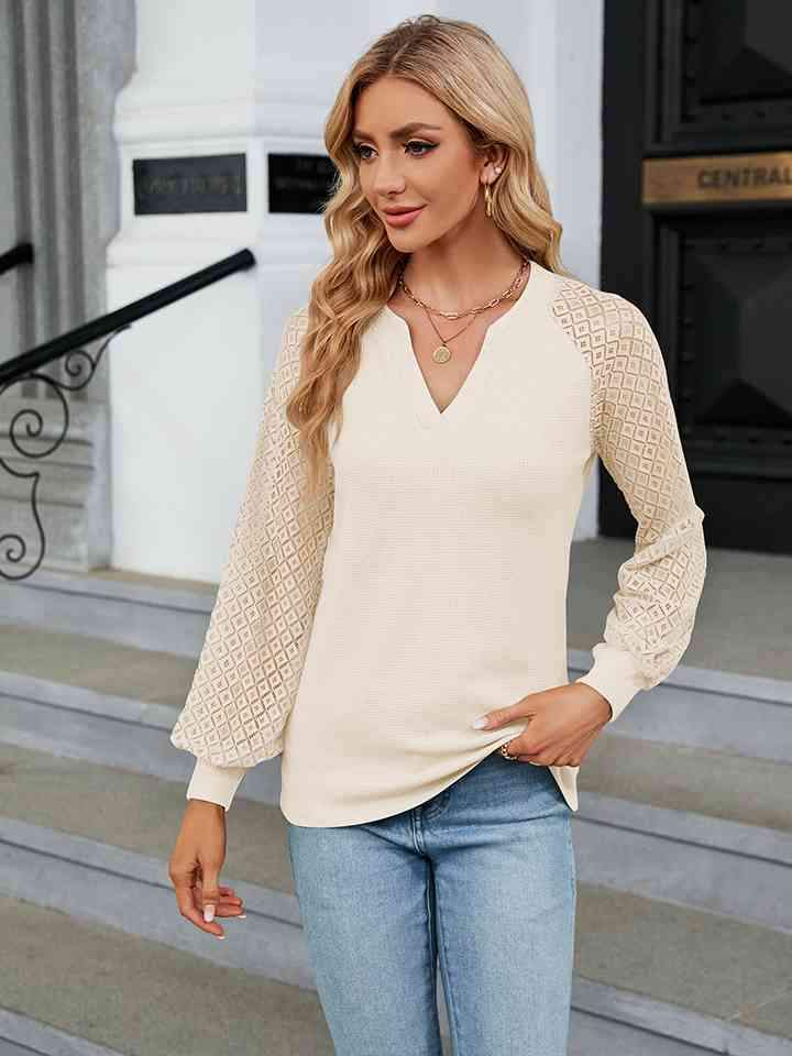 Notched Neck Long Sleeve Blouse Blouses - Tophatter Daily Deals