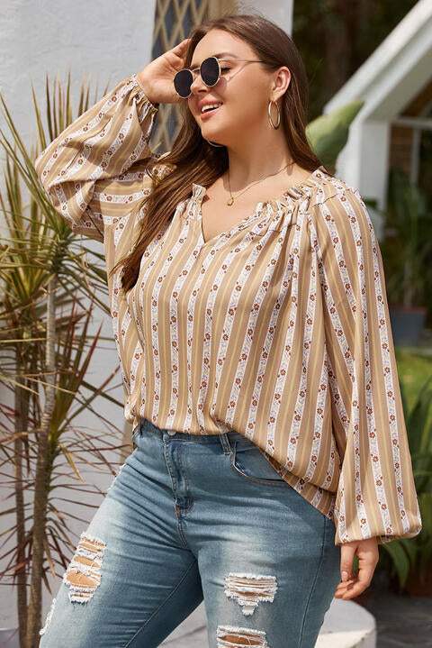 Plus Size Striped Notched Neck Blouse Blouses - Tophatter Daily Deals