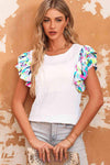 Multicolored Flutter Sleeve Round Neck Blouse Blouses - Tophatter Daily Deals