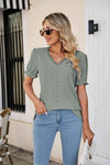 Eyelet Flounce Sleeve Scalloped V-Neck Top Sage Blouses - Tophatter Daily Deals