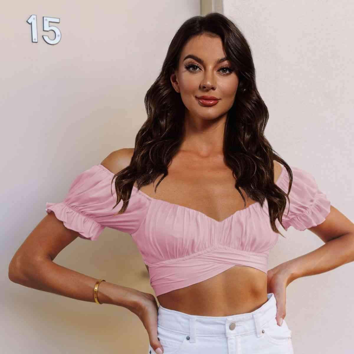 Off-Shoulder Flounce Sleeve Tie Back Top Blush Pink Blouses - Tophatter Daily Deals