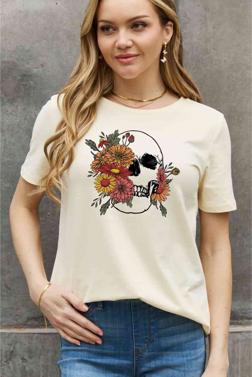 Simply Love Full Size Flower Skull Graphic Cotton Tee Women's T-Shirts - Tophatter Daily Deals